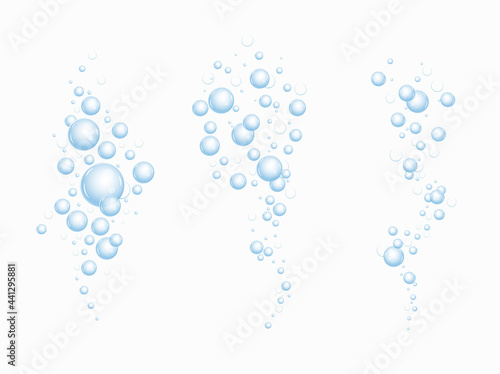 Realistic fizzing flow of air underwater bubbles in water, soda, sea. Foam bubbles. Vector illustration isolated on white background.