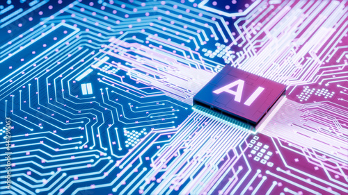 AI microprocessor on motherboard computer circuit, Artificial intelligence integrated inside Central Processors Unit or CPU chip, 3d rendering futuristic digital data technology concept background photo