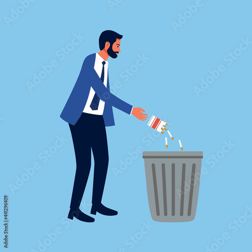 Businessman man throw cigarettes into trash can in flat design. Man quit smoking concept vector illustration.