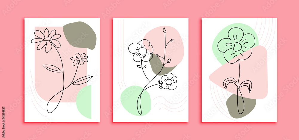 set of modern Line art flowers poster template. abstract decoration wall with minimalist design concept pastel colour