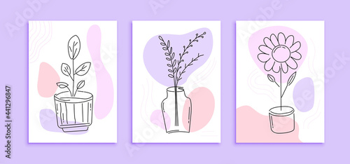 set of modern Line art flowers poster template. abstract decoration wall with minimalist design concept pastel colour