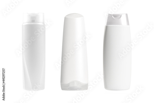 Set of white cosmetic plastic bottles isolated on white 