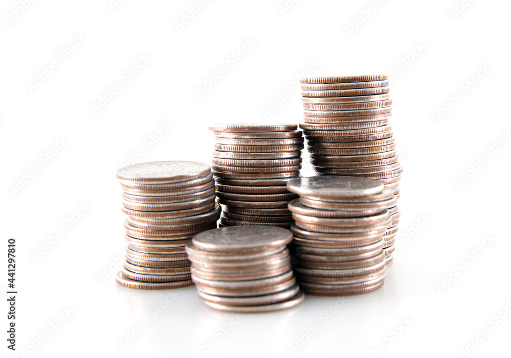 A pile of dollar coins on white background A pile of dollar coins on white background