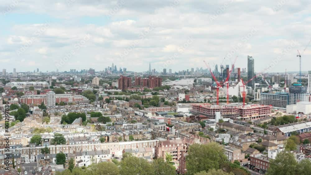 Descending drone shot of central London skyline from west Descending drone shot of central London skyline from west