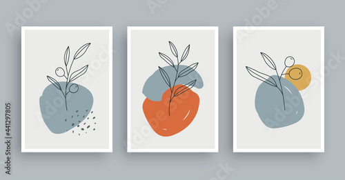 Botanical wall art painting background. Foliage art and hand drawn line with abstract shape. Mid century scandinavian nordic style.