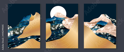 Gold mountain background vector. Mid century landscape art with sun and moon, Sea and Ocean. Modern contemporary art design for acrylic canvas , digital Prints, wallpaper, Poster, metal poster prints