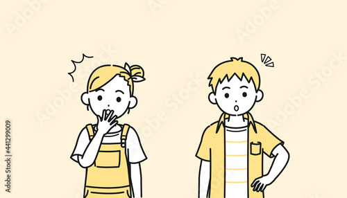 驚く男の子と女の子のイラスト　びっくり　子供　小学生　低学年