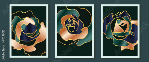Luxury gold and dark green rose abstract line art background vector. Wall art design with emerald and gold colors. Vector illustration 
