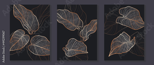 Luxury gold wallpaper.  Black and golden abstract background. Tropical leaves wall art design with dark blue and green color, shiny golden light texture. Modern art mural wallpaper.