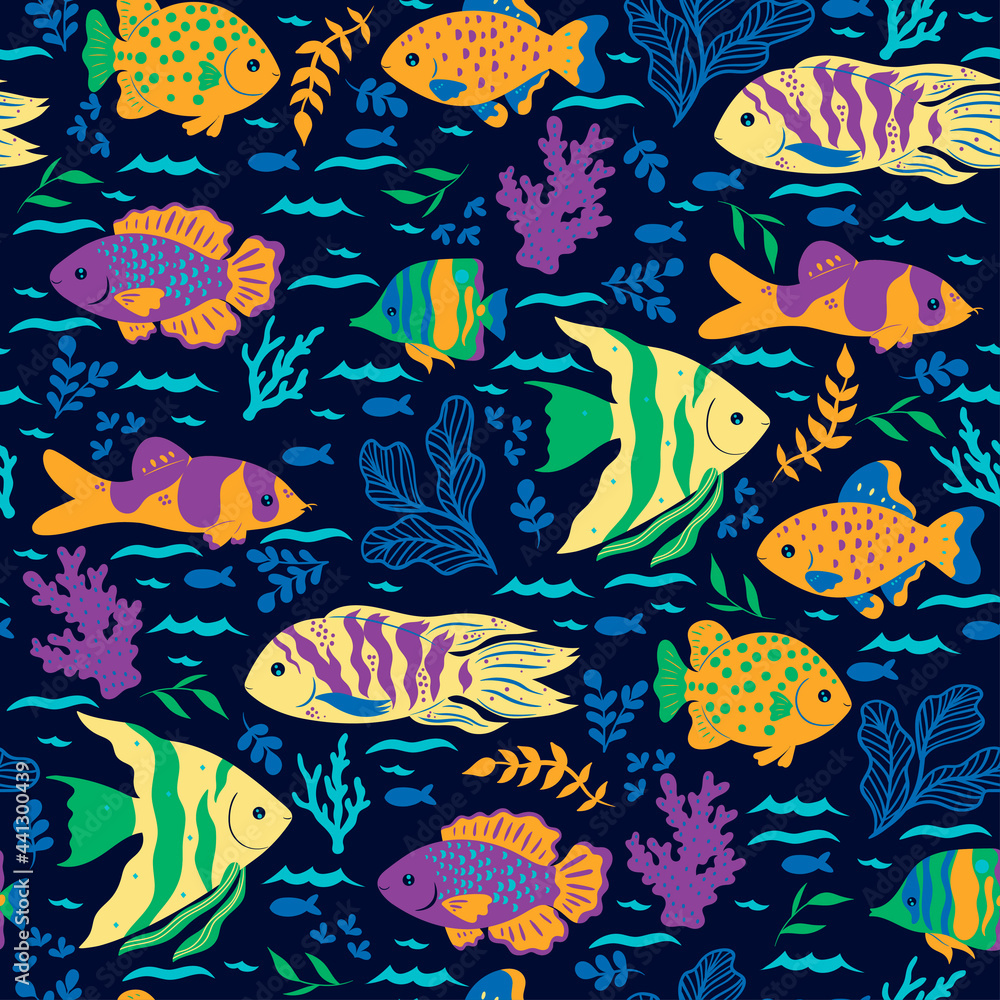 Seamless pattern with oceanic fish. Vector graphics.