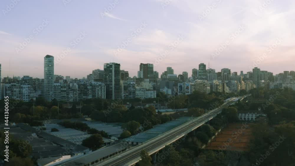 AERIAL - Lisandro de la Torre train station and Buenos Aires skyline, Argentina AERIAL - Lisandro de la Torre train station and Buenos Aires skyline, Argentina