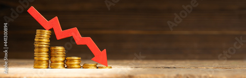 Red arrow of the graph down and a stack of coins in steps down as a symbol of failure. Template Copy space for text photo