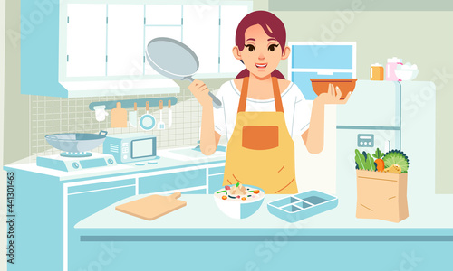 mother cooking in the kitchen, groceries  and food on the kitchen table and kitchen interior as a background