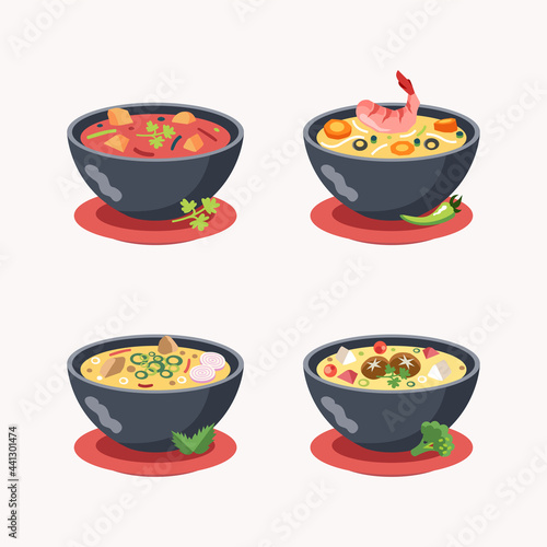 set of Asian typical soup, Thailand cuisine, food illustration