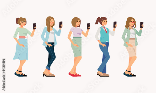 Fototapeta Naklejka Na Ścianę i Meble -  set of woman in office outfit holding smartphone, with different clothes and hair styles
