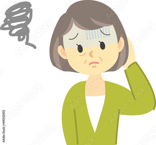 イラスト素材:体調不良シリーズ　年配の女性が青ざめた顔で上手くいかなかったり失敗した時の表情
