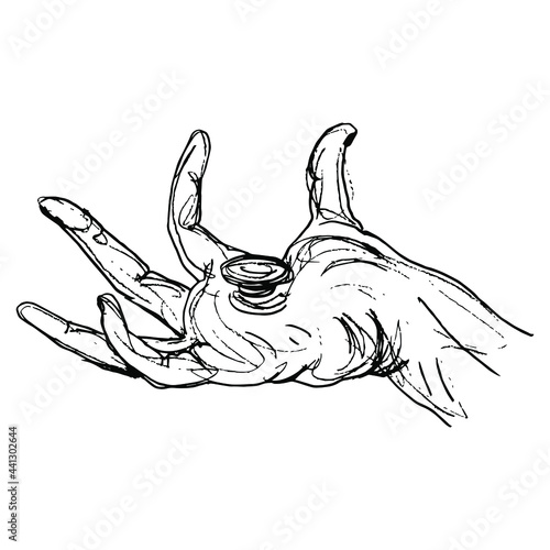 Hand of crucified Jesus Christ pierced with a nail. Matthias Grünewald. Isenheim Altarpiece. Hand drawn linear doodle rough sketch. Black silhouette on white background.