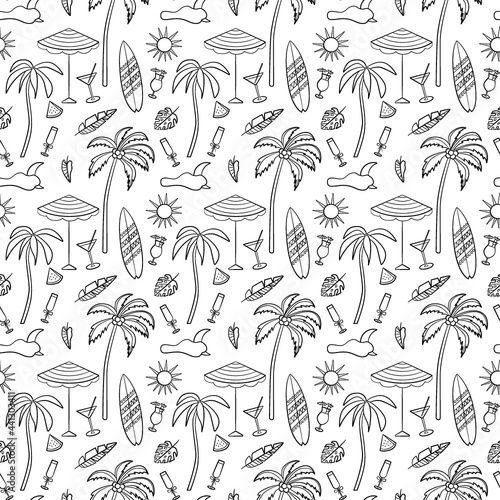 Travel and vacation seamless pattern with travel elements. Seamless pattern for design, posters, backgrounds vacation and trip theme. Palm, Beacj, camera and sunglass in line style. photo