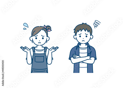 困る男の子と女の子のイラスト　悩み　心配　不安　子供　小学生　低学年