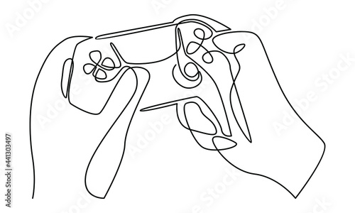 Continue line of hand holding game controller vector illustration