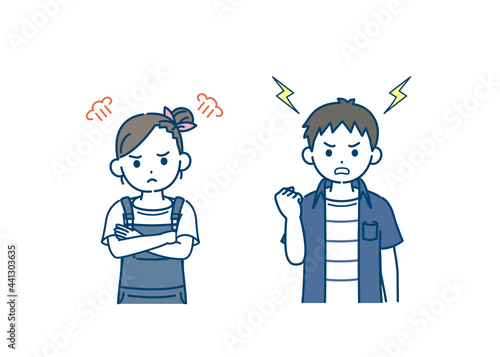 怒る男の子と女の子のイラスト　不機嫌　反抗期　子供　小学生　低学年
