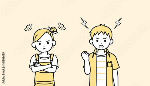 怒る男の子と女の子のイラスト　不機嫌　反抗期　子供　小学生　低学年 photo