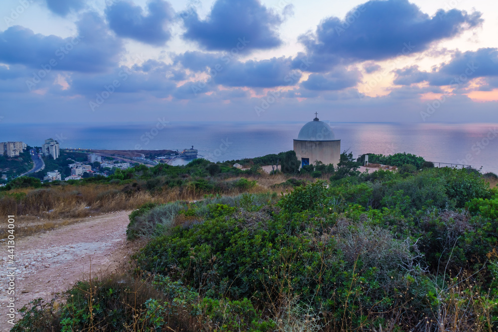 Blue hour view of the Holy Family Chapel, in Haifa