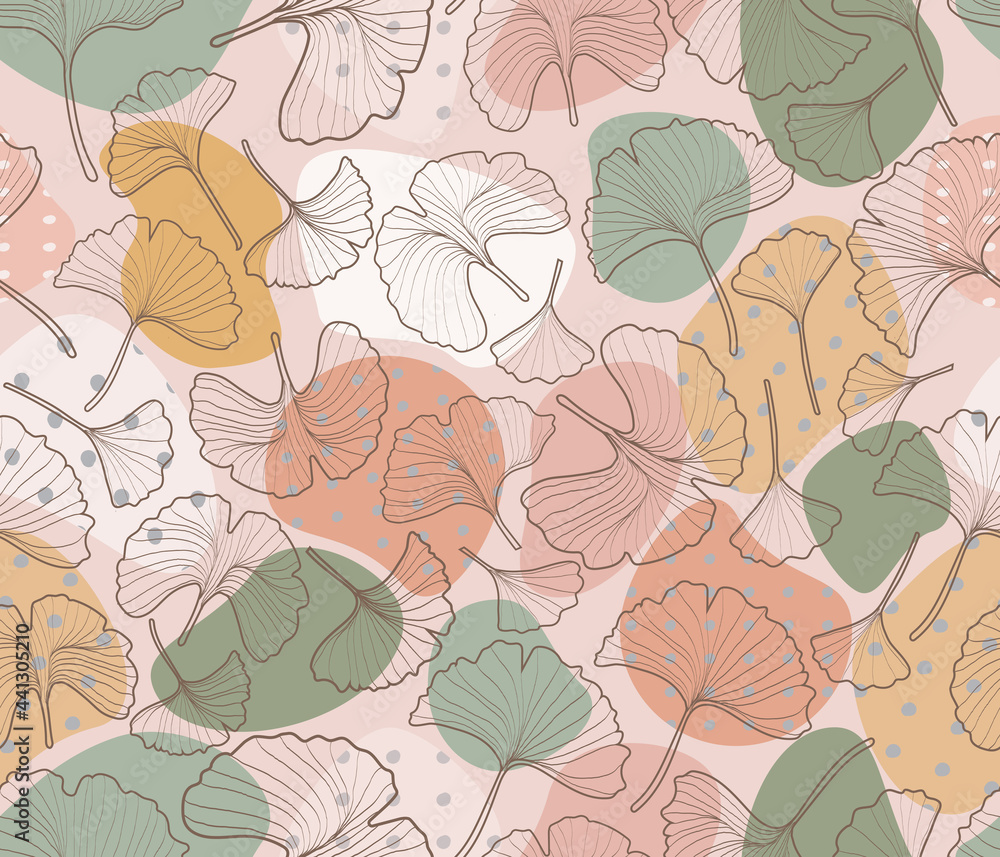 Printable seamless repeat pattern with ginkgo biloba leaves, color patches, and pink color background. Printable seamless repeat pattern with ginkgo biloba leaves, color patches, and pink color background.