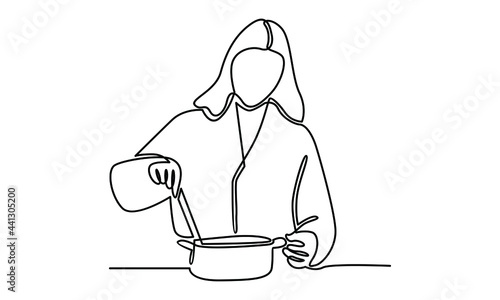 Continue line of woman cooking illustration