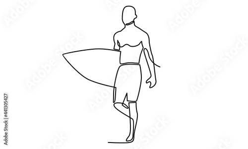 Continue line of man with surfboard illustration