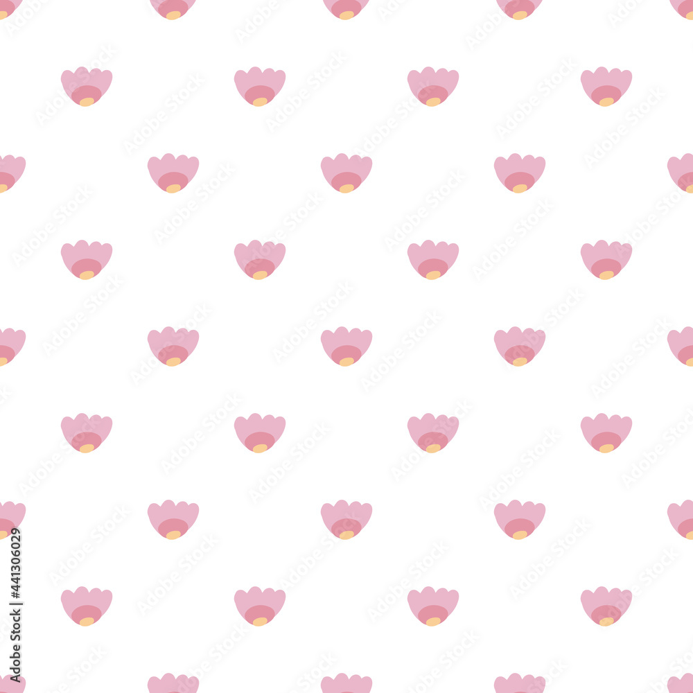 Simple seamless pattern with small pink flowers on a white background. Childrens texture with daisies. Vector floral wallpaper.