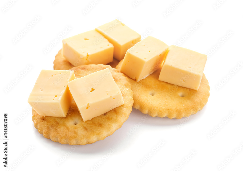 Tasty crackers and cheese on white background Tasty crackers and cheese on white background