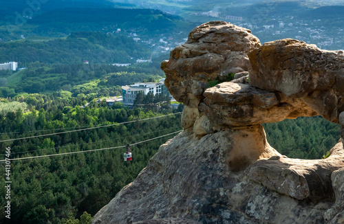 Kislovodsk National Park, rocks on the mountain Red Sun, cableway cabin. Kislovodsk, Russia.