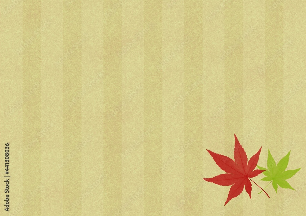 紅葉のあるベージュの縦縞模様の和紙背景