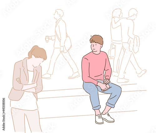 A man is sitting on a street block and waiting for someone. hand drawn style vector design illustrations. 
