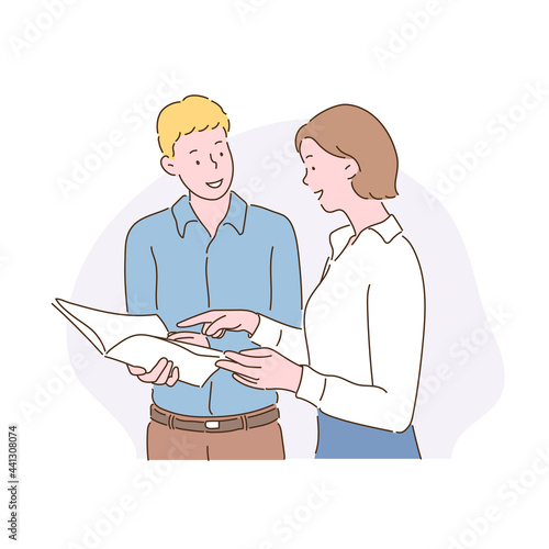 A businessman and a woman are talking while looking at documents. hand drawn style vector design illustrations. 