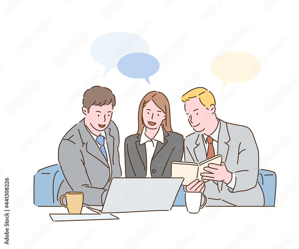 Three business people are having a meeting. hand drawn style vector design illustrations. 