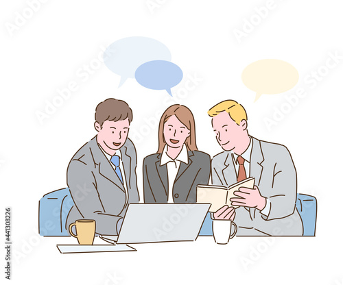 Three business people are having a meeting. hand drawn style vector design illustrations. 