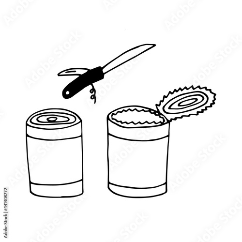 cans and folding knife set icon. hand drawn doodle. vector, scandinavian, nordic, minimalism, monochrome. hike, food.