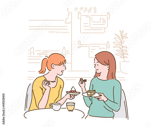 Two friends are chatting while sitting in a cafe, eating a piece of cake. hand drawn style vector design illustrations. 