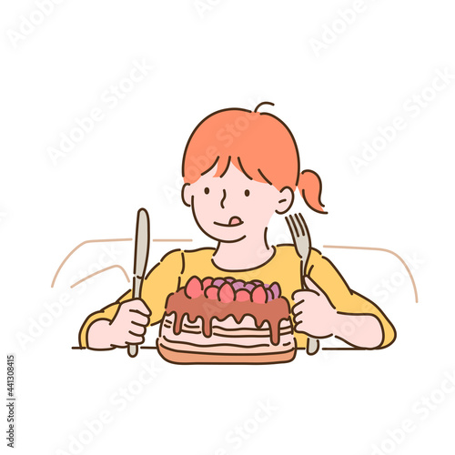 A little girl is looking at a cake with a fork and knife in her hands. hand drawn style vector design illustrations. 