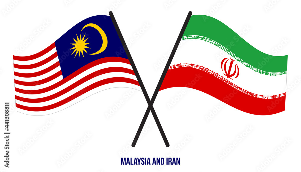 Malaysia and Iran Flags Crossed And Waving Flat Style. Official Proportion. Correct Colors.