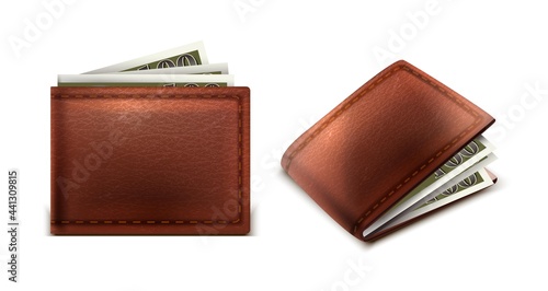 3d realistic vector leather wallet with cash of money inside in side and front view. 