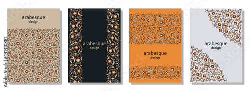 Set of vertical arabesque floral banners. Branches with flowers, leaves and petals