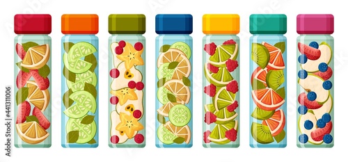 Infused water in glass bottles. Fruits and vegetables in water. Detox and health concept. Variety of drinks filled with detoxification isolated on white background