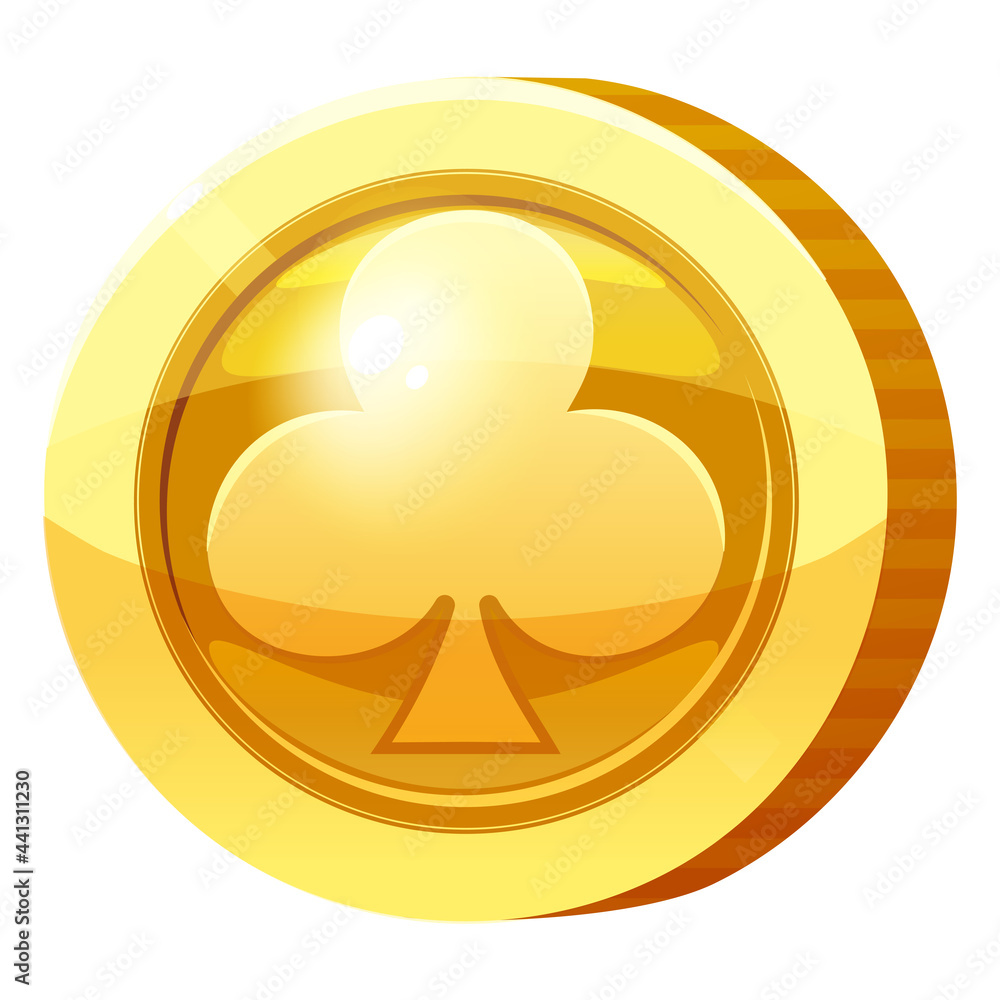Gold Medal Coin Clubs symbol. Golden token for games, user interface asset element. Vector illustration Gold Medal Coin Clubs symbol. Golden token for games, user interface asset element. Vector illustration