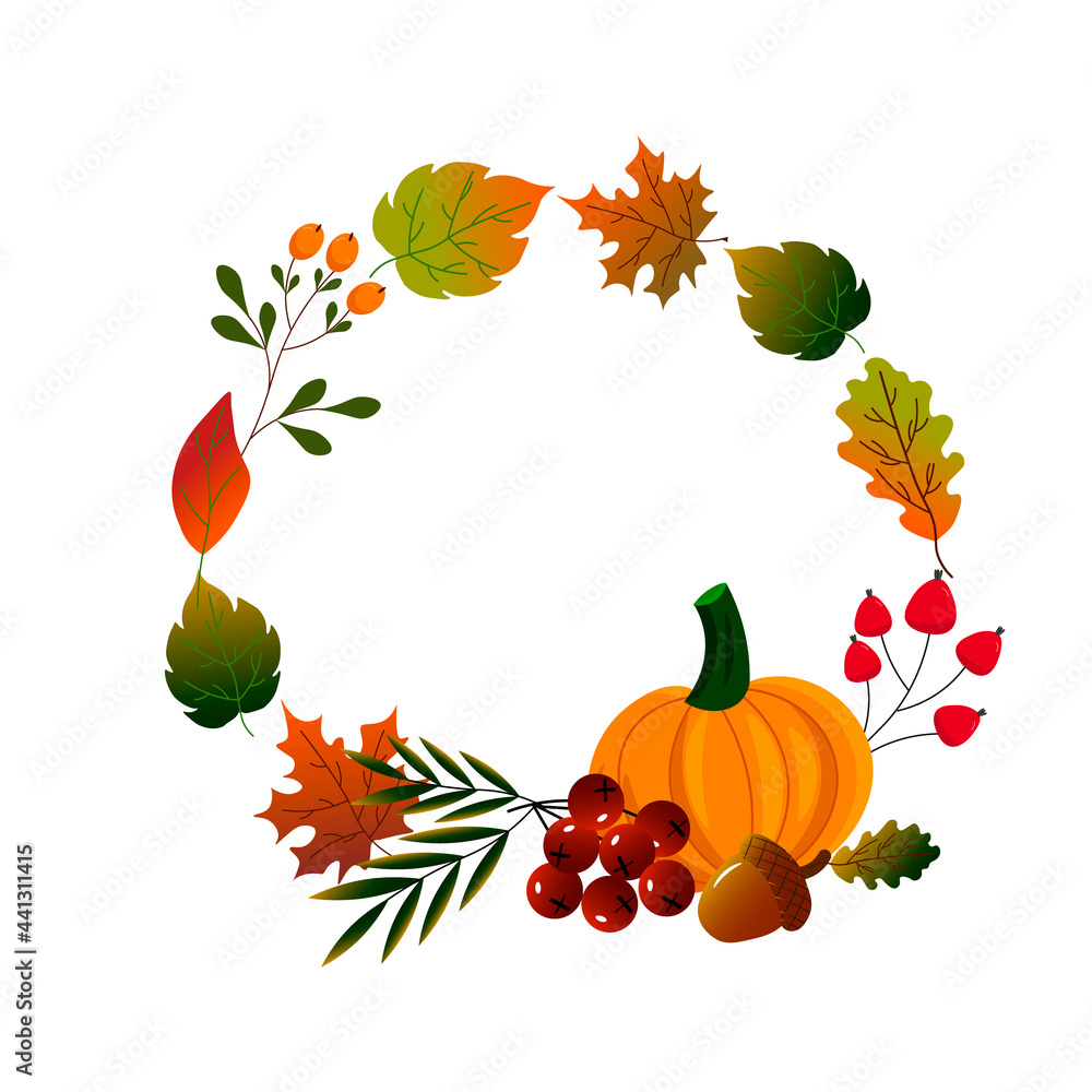 Fototapeta premium Round frame made of autumn leaves with pumpkin. Autumn illustration. Vector drawing on a white background. For congratulations, invitations, flyers, decoration and design.