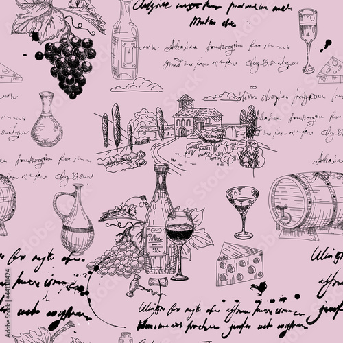 Vector Seamless pattern Wine grape branche, bottles, glasses, unreadable text, wooden barrel, chees, corkscrew. Doodle sketch hand drawing. Vector illustartion isolated retro