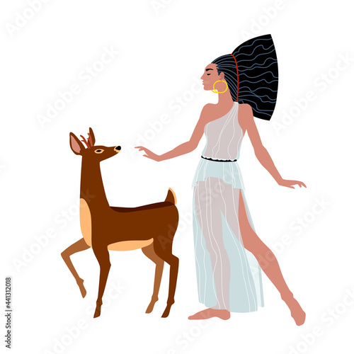 fallow deer and pretty woman in an ancient Greek tunic, hunting goddess Artemis with her pet, color vector illustration isolated on white background in cartoon and flat design