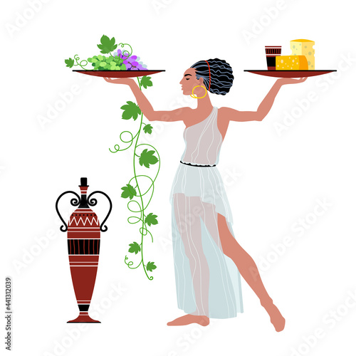 a pretty woman in an ancient Greek tunic carries wine with cheese and grapes, beautiful waitress, food delivery service, vector illustration isolated on a white background in a cartoon and flat design